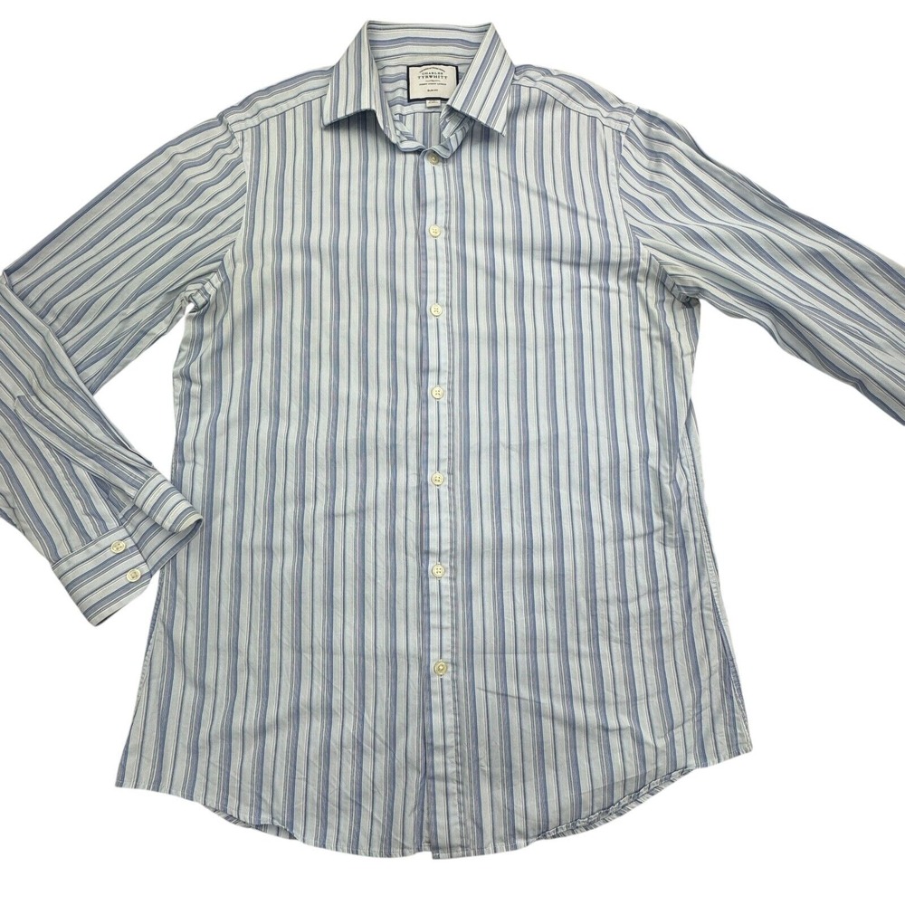Charles Tyrwhitt Dress Shirt Mens 16 Blue Striped Classic Slim Fit Button Down